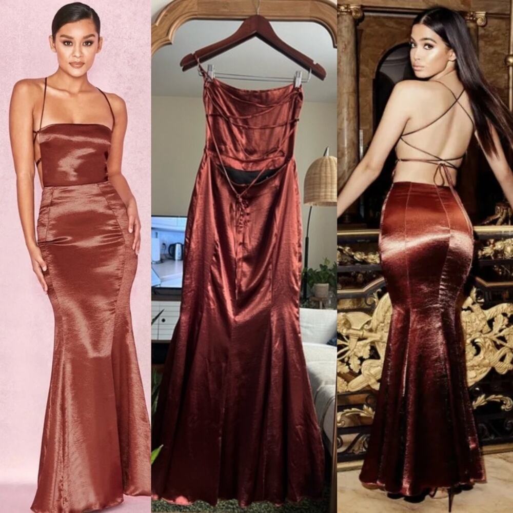 HOUSE OF CB Nura Bronze Brown Metallic Silky Satin Sexy Strappy Back Maxi Dress